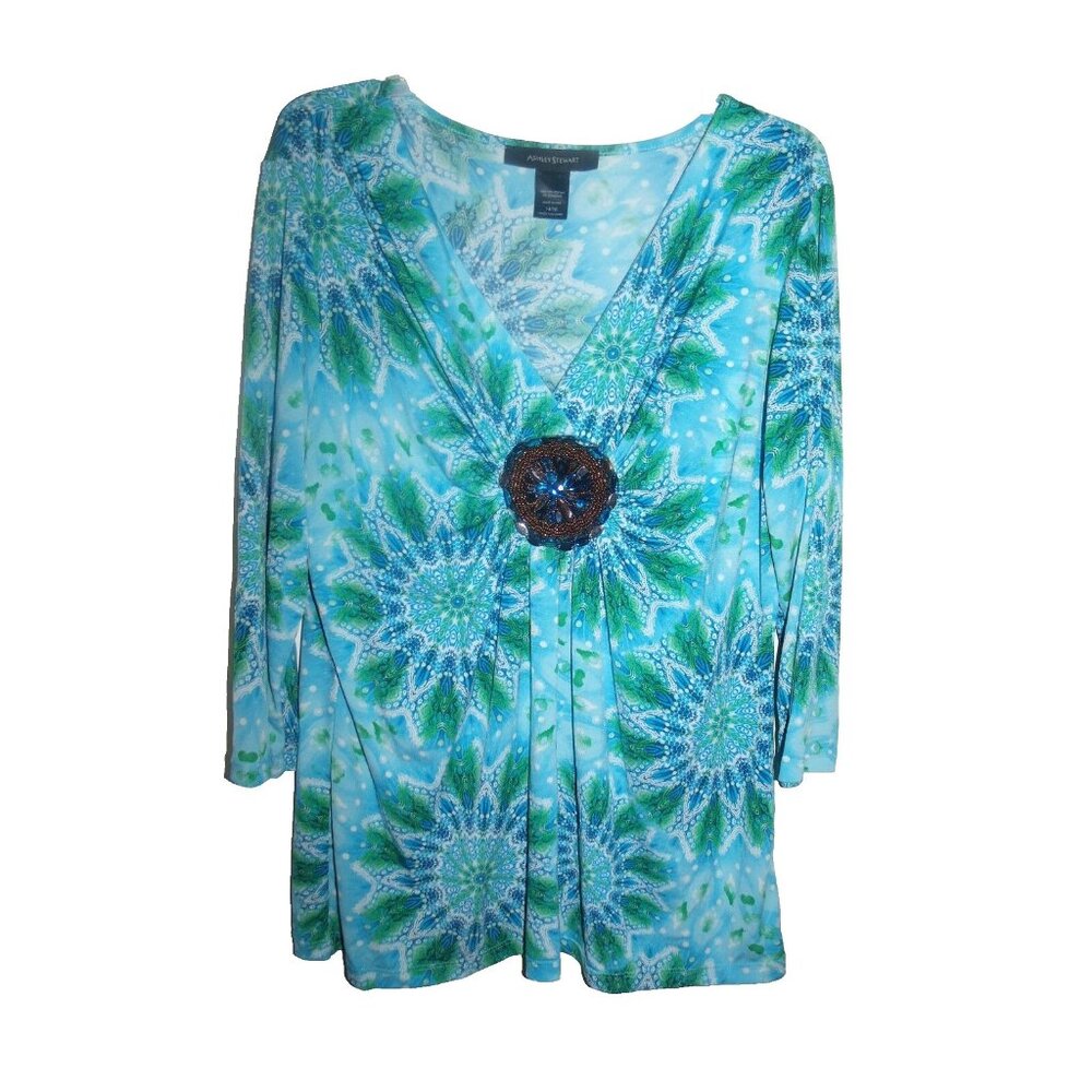 Ashley Stewart Blue Green White Tie Dyed Kaleidoscope Sequins Gemstone Top 14/16